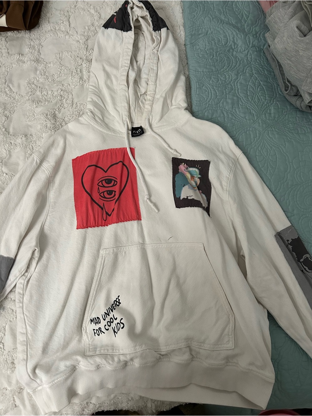 Zara White Crewneck Hoodie with Red and Gray Graphic Patches